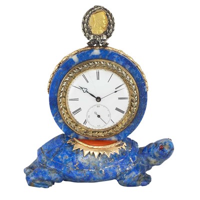Lot 64 - Russian Lapis, Gold, Silver and Red Enamel Turtle Desk Clock