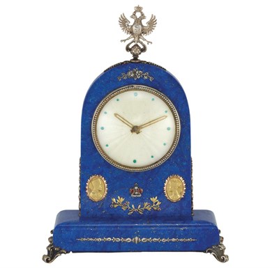 Lot 67 - Russian Lapis, Silver, Silver-Gilt, Ruby and Diamond Eight Day Desk Clock