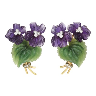 Lot 251 - Pair of Gold, Carved Amethyst and Nephrite and Diamond Earclips, Demner