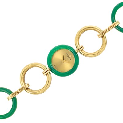 Lot 304 - Gold and Green Chrysoprase Circle Link Bracelet-Watch, Baume & Mercier