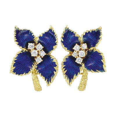 Lot 258 - Pair of Gold, Diamond and Blue Enamel Earclips