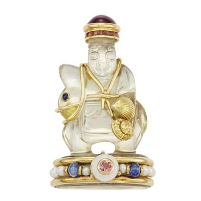 Lot 23 - Gold, Carved Rock Crystal, Cultured Pearl and Gem-Set Buddha Clip-Brooch, Seaman Schepps