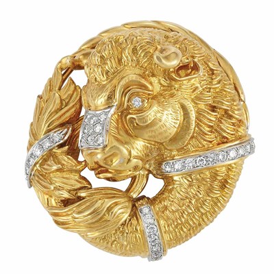 Lot 27 - Two-Color Gold and Diamond Bull Pendant-Brooch