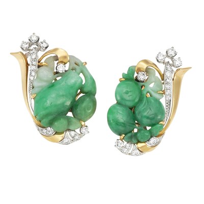 Lot 471 - Pair of Gold, Platinum, Carved Jade and Diamond Earrings