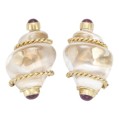 Lot 24 - Pair of Gold, Rock Crystal and Cabochon Ruby Shell Earclips, Seaman Schepps