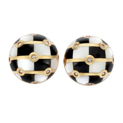 Lot 387 - Pair of Gold, Mother-of-Pearl, Black Onyx and Diamond Bombe Earclips