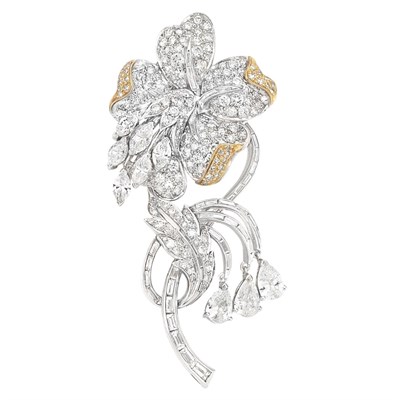 Lot 335 - Platinum, Gold and Diamond Flower Clip-Brooch