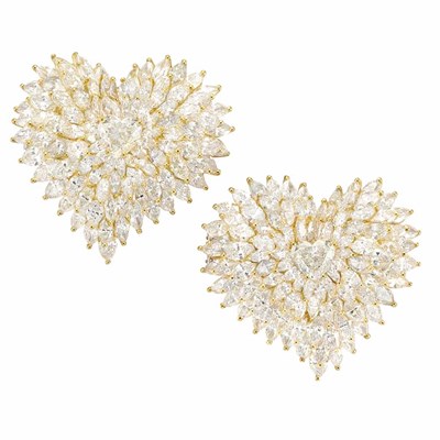 Lot 526 - Pair of Gold and Diamond Heart Clip-Brooches