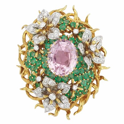 Lot 313 - Gold, Platinum, Kunzite, Diamond and Emerald Clip-Brooch