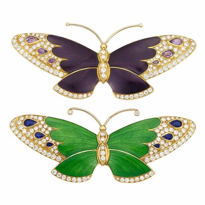 Lot 311 - Pair of Gold, Guilloche Enamel, Diamond and Gem-Set Butterfly 'En Tremblant' Brooches