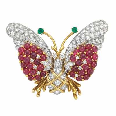 Lot 202 - Two-Color Gold, Diamond, Cabochon Ruby and Emerald Butterfly Brooch