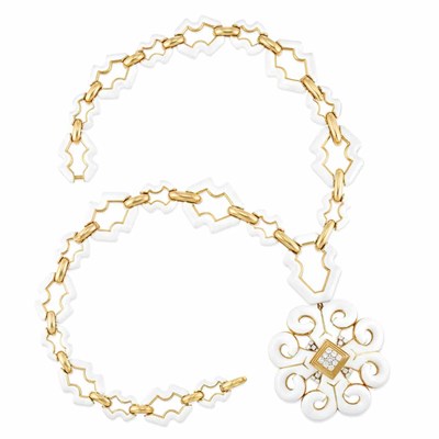 Lot 523 - Gold, White Enamel and Diamond Pendant-Necklace, David Webb