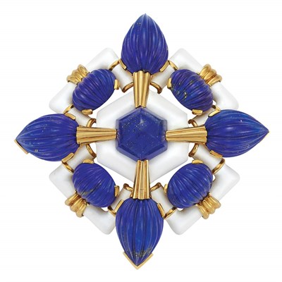 Lot 522 - Gold, Fluted Lapis and White Enamel Pendant Clip-Brooch, Davis Webb