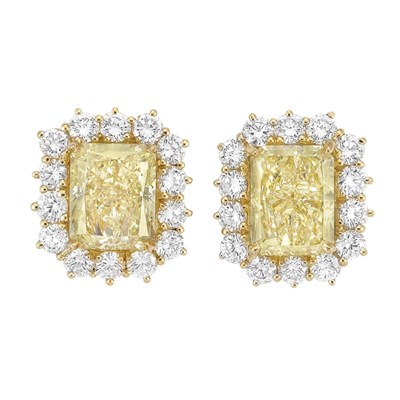 Lot 524 - Pair of Gold, Fancy Light Yellow Diamond and Diamond Earclips