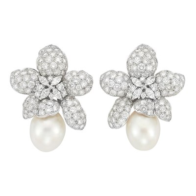 Lot 529 - Pair of White Gold, Diamond and Cultured Pearl Flower Earclips