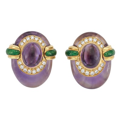 Lot 248 - Pair of Gold, Amethyst, Cabochon Amethyst, Diamond and Green Enamel Earclips, David Webb