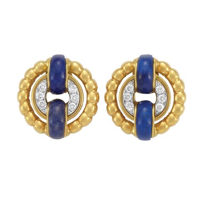 Lot 29 - Pair of Gold, Lapis and Diamond Earclips