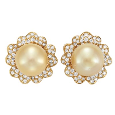 Lot 227 - Pair of Gold, Golden South Sea Cultured Pearl and Diamond Flower Earclips