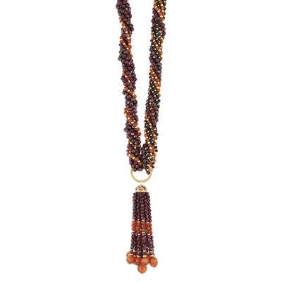 Lot 295 - Six Strand Garnet, Carnelian, Black Onyx and Gold Bead Sautoir