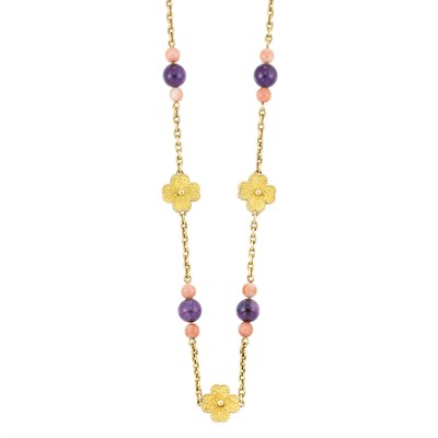 Lot 249 - Long Gold, Amethyst and Coral Bead Chain Necklace, France