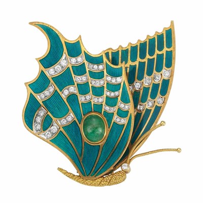 Lot 314 - Gold, Blue Guilloche Enamel, Diamond and Cabochon Emerald Butterfly Clip-Brooch, Tiffany & Co., France
