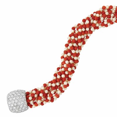 Lot 377 - Ten Strand Coral Bead and Cultured Pearl Torsade Bracelet with Platinum and Diamond Clip/Clasp Combination, Seaman Schepps