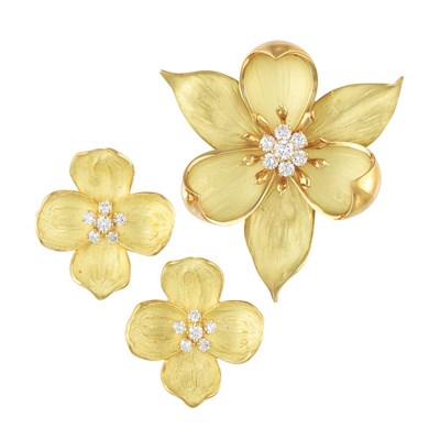Lot 66 - Gold and Diamond Flower Brooch and Pair of Earrings, Tiffany & Co.