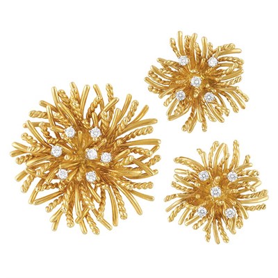 Lot 364 - Gold and Diamond Flower Clip Pendant-Brooch and Pair of Earrings, Tiffany & Co.