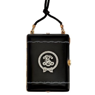Lot 178 - Art Deco Gold, Platinum, Black Enamel and Diamond Compact with Cord