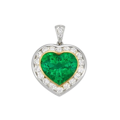 Lot 315 - Platinum, Gold, Emerald and Diamond Heart Pendant