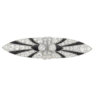 Lot 153 - Art Deco Platinum, Diamond and Black Onyx Double Clip-Brooch, France