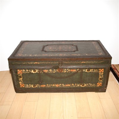 Lot 385 - Green Painted Leather and Brass Bound Trunk...