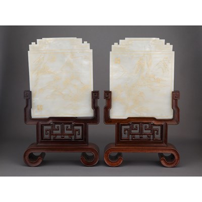 Lot 418 - Pair of Chinese White Jade Table Screens Each...