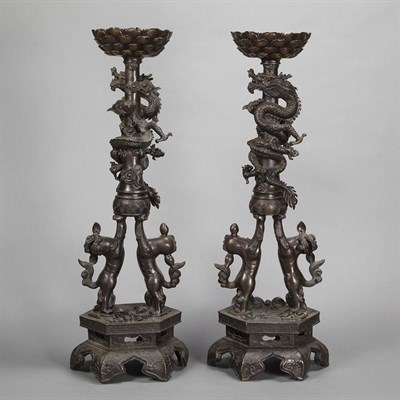 Lot 525 - Pair of Japanese Bronze Candlesticks Height 23...