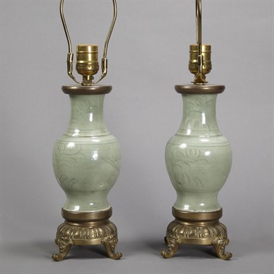 Lot 478 - Pair of Chinese Celadon Glazed Porcelain Lamps...