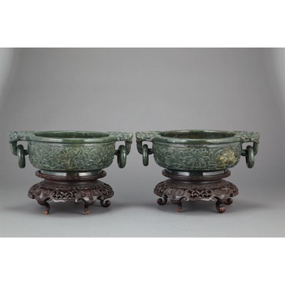 Lot 414 - Pair of Chinese Spinach Jade Bowls Of deep...