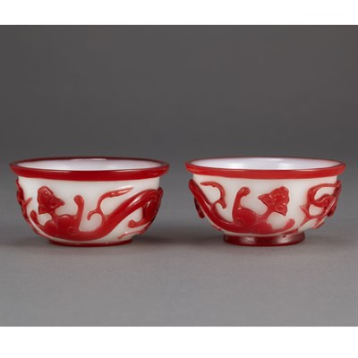 Lot 408 - Pair of Chinese Red Over White Glass Cups 19th...