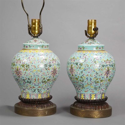 Lot 319 - Pair of Chinese Famille Rose Porcelain Lamps...