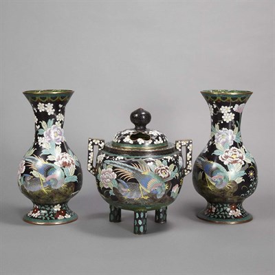 Lot 255 - Chinese Cloisonne Three-Piece Garniture...