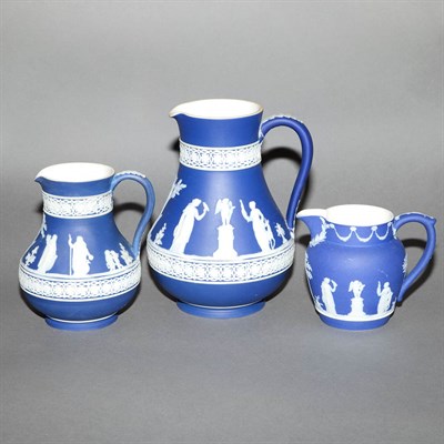 Lot 455 - Group of Ten Wedgwood Cobalt Jasperware Pitchers