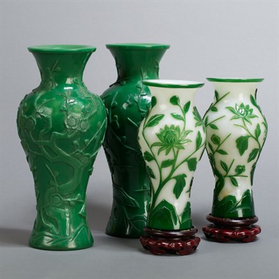 Lot 407 - Pair of Chinese Green Overlay White Glass...