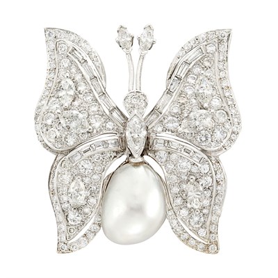Lot 234 - White Gold, Diamond and South Sea Baroque Cultured Pearl Butterfly Brooch