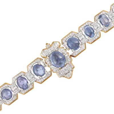 Lot 201 - Gold, Platinum, Cabochon Sapphire and Diamond Bracelet