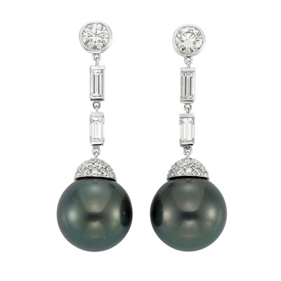 Lot 102 - Pair of White Gold, Diamond and Tahitian Black Cultured Pearl Pendant-Earrings