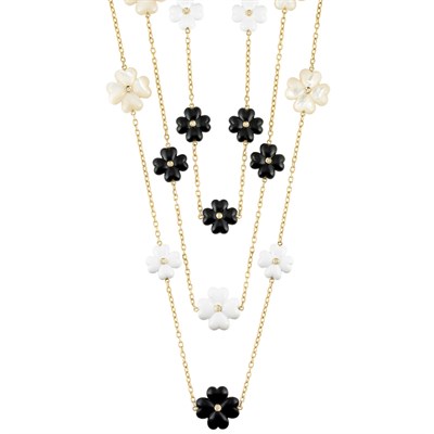 Lot 279 - Long Triple Strand Gold, Carved Black and White Onyx, Mother-of-Pearl and Diamond Chain Necklace