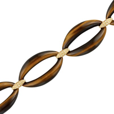 Lot 292 - Tiger's Eye, Gold and Diamond Bracelet