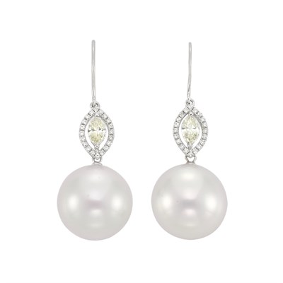 Lot 239 - Pair of White Gold, Diamond and South Sea Cultured Pearl Pendant-Earrings