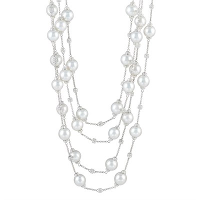 Lot 250 - Four Strand White Gold, South Sea Cultured Pearl and Diamond Chain Necklace