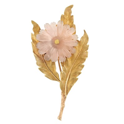 Lot 39 - Gold and Carved Rose Quartz Flower Clip-Brooch, Mario Buccellati