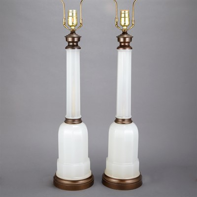 Lot 403 - Pair of Metal Mounted White Opaline Glass...
